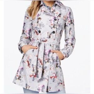 Guess Grey Floral Print Double Breasted Coat Womens‎ S Belted
